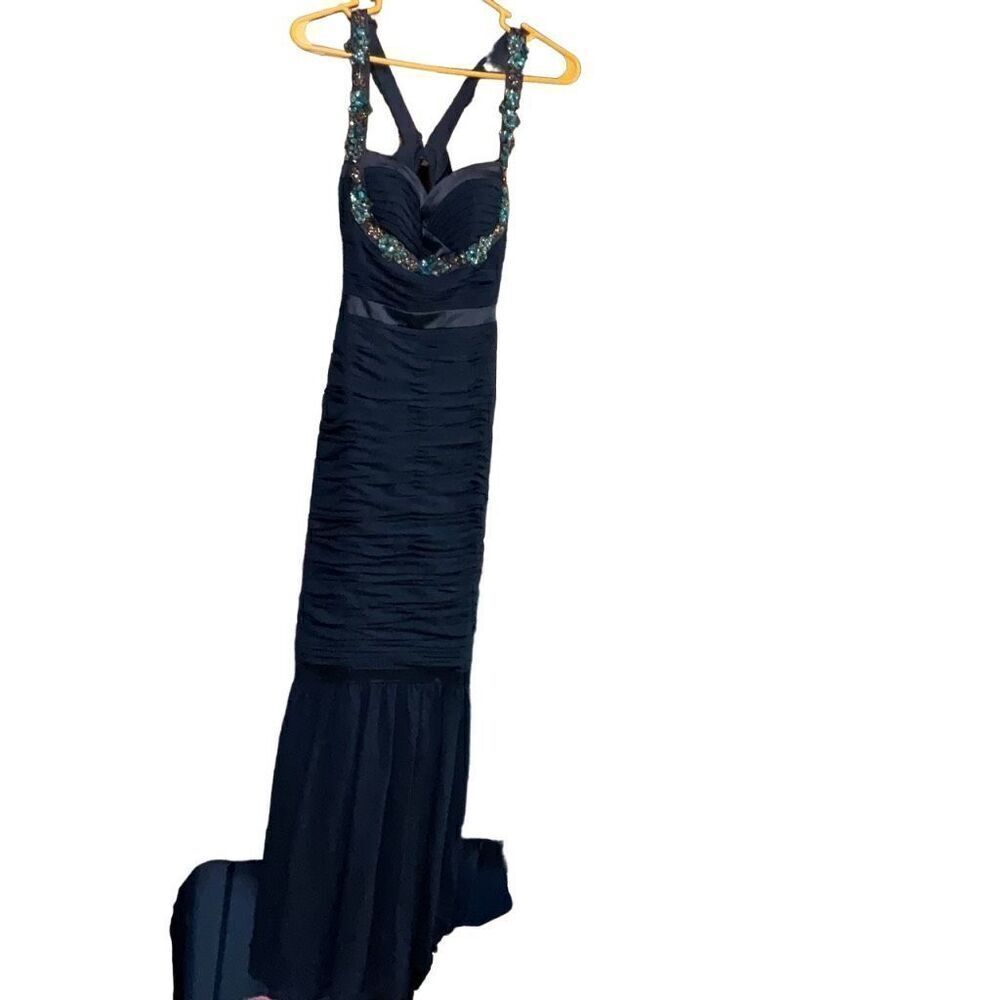 Faviana Couture Blue Mermaid Formal Fitted Gown Beaded Open Back Size 4 FLAW